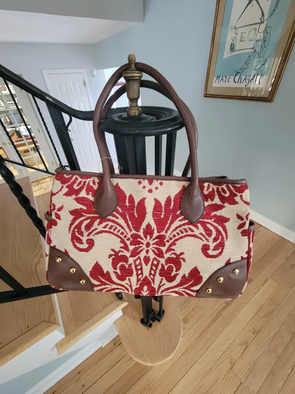 Etienne Aigner Red and Cream Floral Tote Bag with Brown Trim - Picture 1 of 3